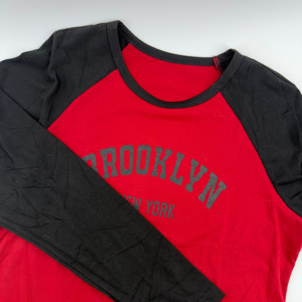 NEW Hilinker Womens Brooklyn New York Raglan Long Sleeve Tee Red Black Small